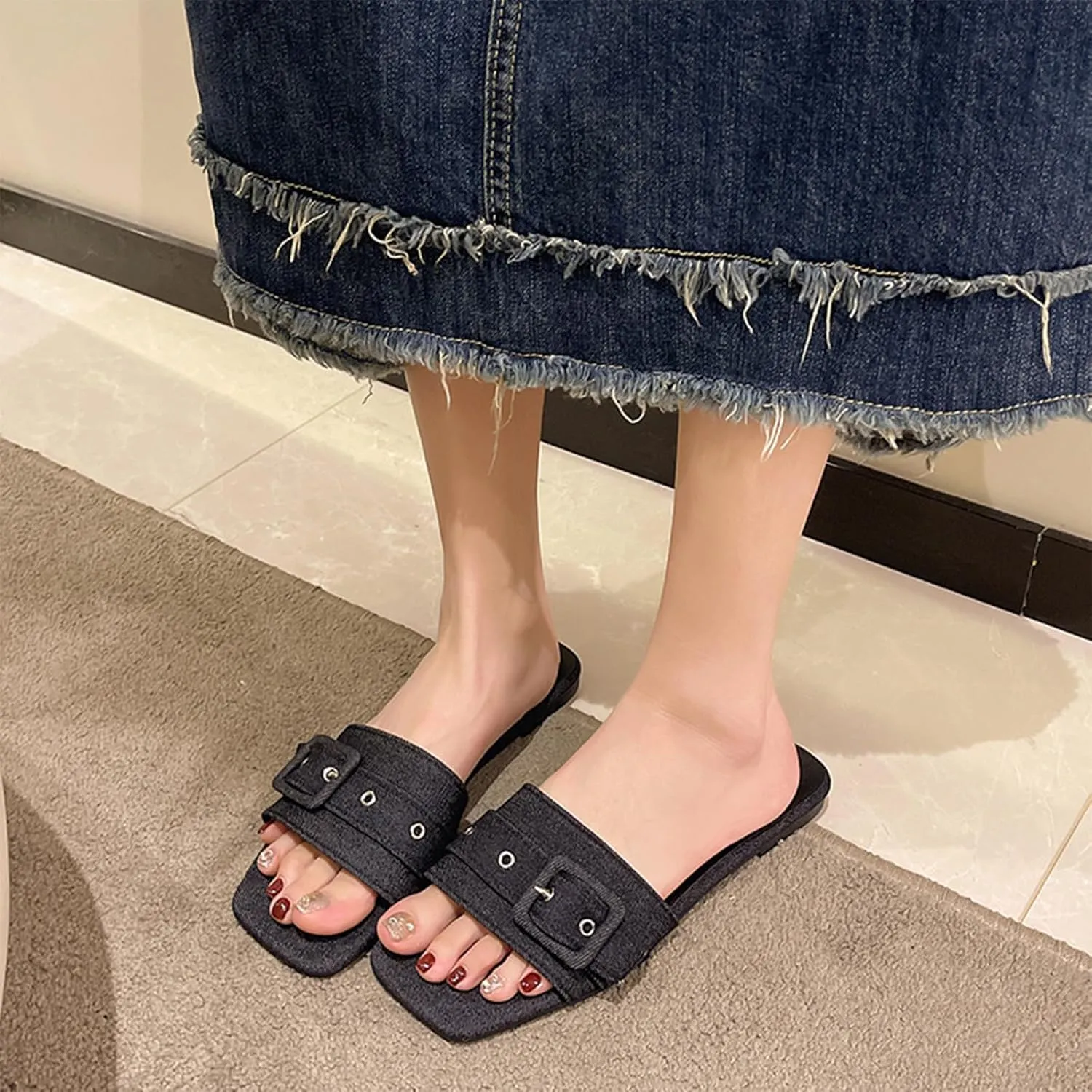 Women's Fashion Denim Cloth Flat Slide Sandals with Square Buttons Summer Square Open Toe Comfort Soft Slip On Slipper for Indoor Outdoor Daily Wear