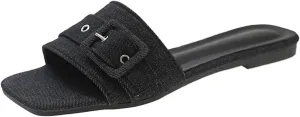 Women's Fashion Denim Cloth Flat Slide Sandals with Square Buttons Summer Square Open Toe Comfort Soft Slip On Slipper for Indoor Outdoor Daily Wear