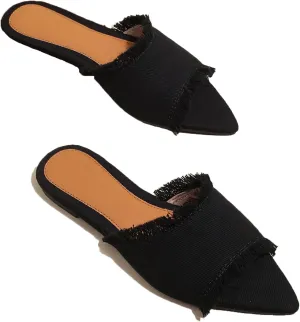 Women's Fashion Denim Cloth Flat Slides Sandals Summer Fish Mouth Open Toe Tassel Comfort Soft Slip On Outdoor Slipper Walking Beach Casual Sandals