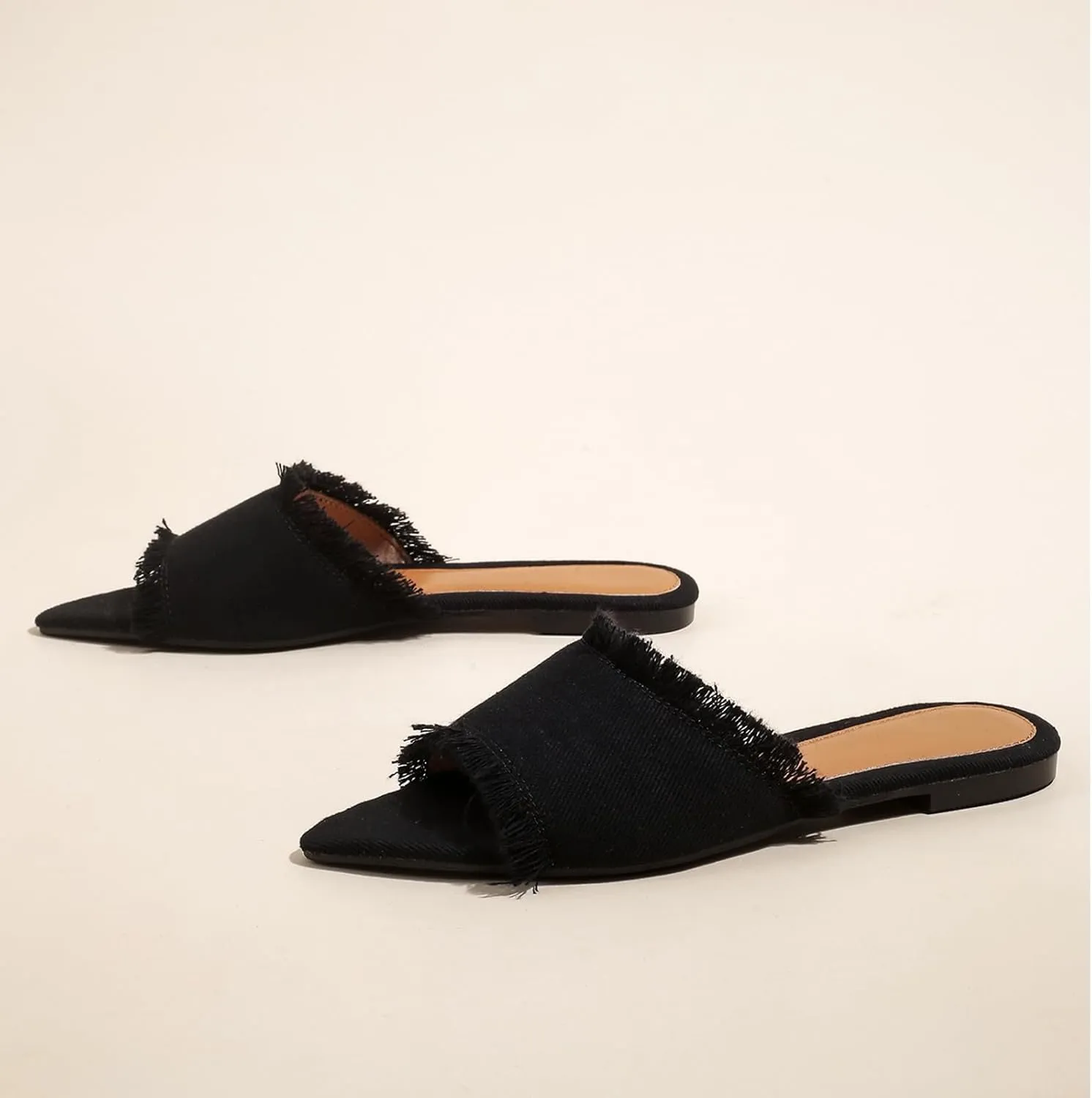 Women's Fashion Denim Cloth Flat Slides Sandals Summer Fish Mouth Open Toe Tassel Comfort Soft Slip On Outdoor Slipper Walking Beach Casual Sandals
