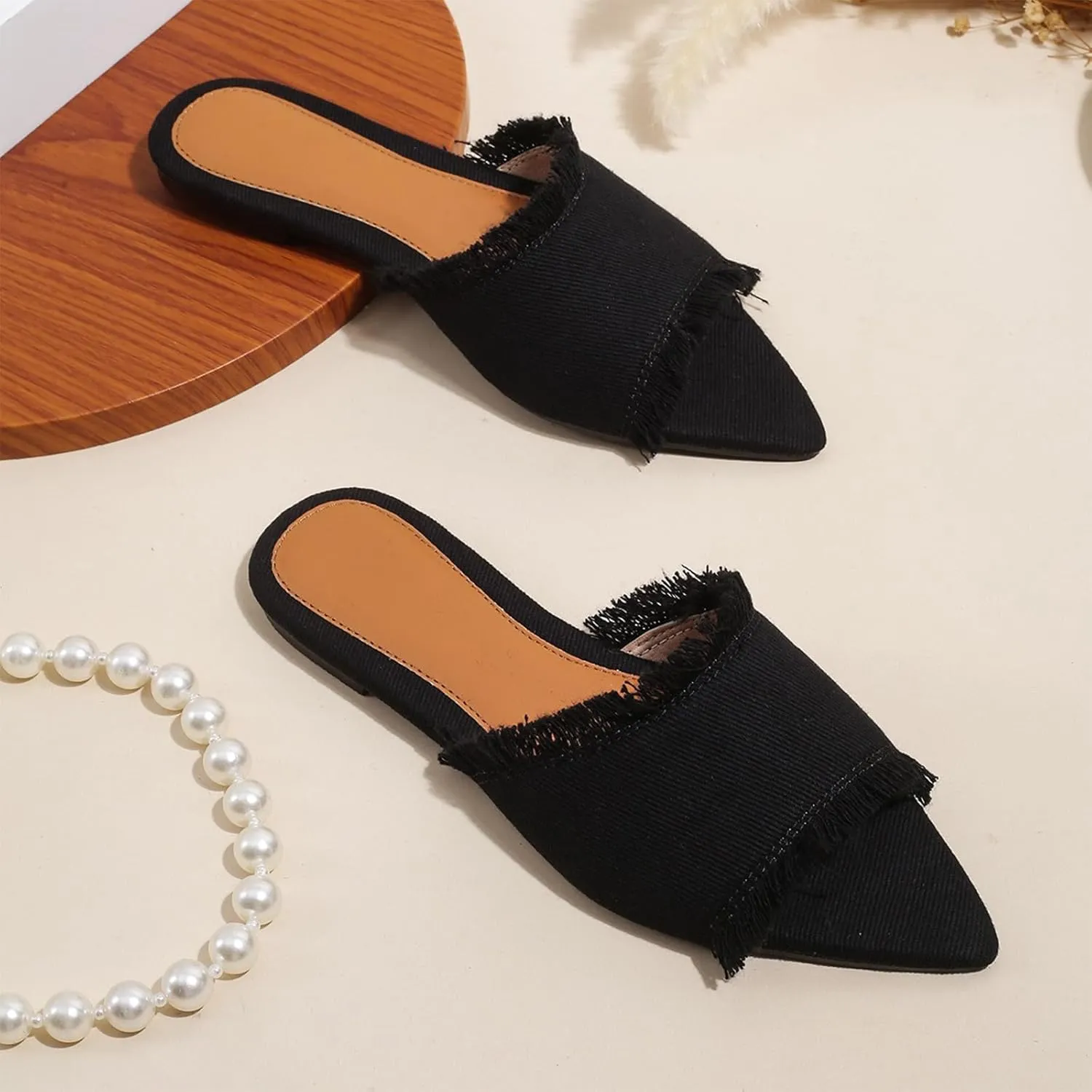 Women's Fashion Denim Cloth Flat Slides Sandals Summer Fish Mouth Open Toe Tassel Comfort Soft Slip On Outdoor Slipper Walking Beach Casual Sandals