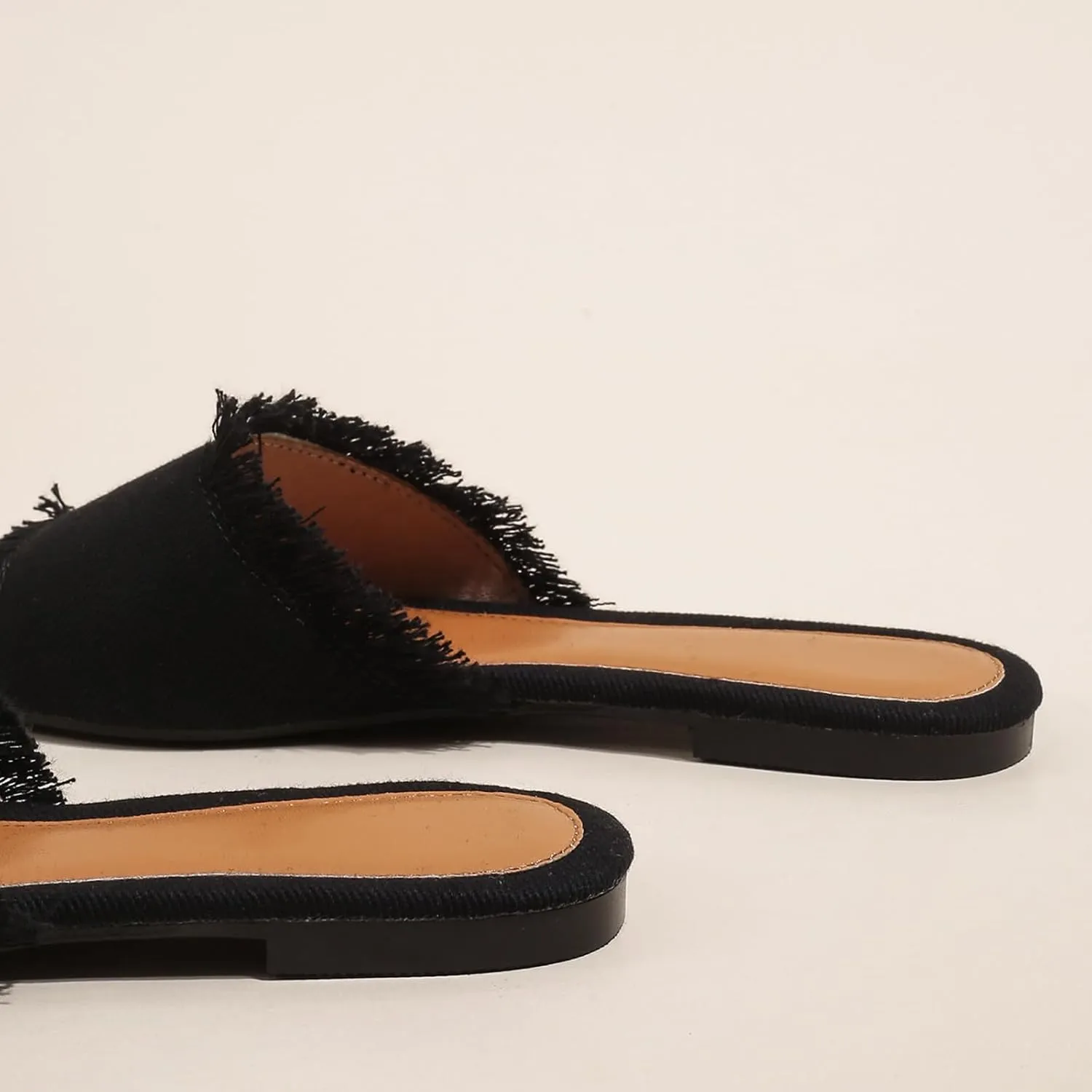 Women's Fashion Denim Cloth Flat Slides Sandals Summer Fish Mouth Open Toe Tassel Comfort Soft Slip On Outdoor Slipper Walking Beach Casual Sandals