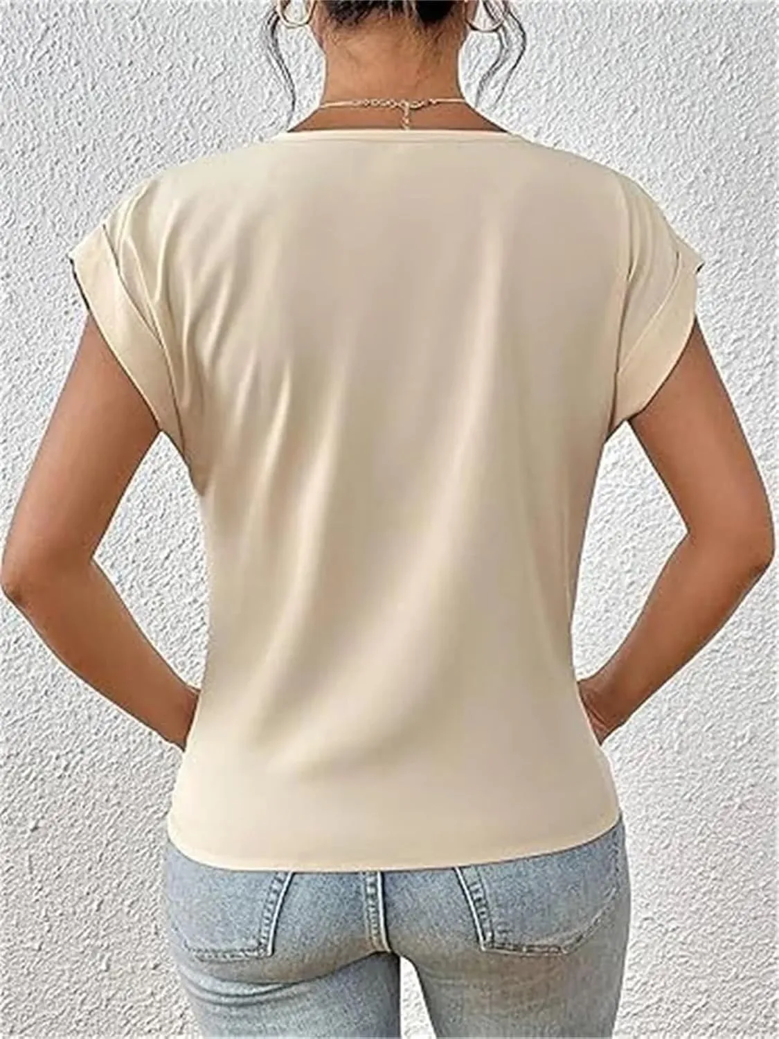 Women's Fashion Pleated Hem V Neck Pullover T Shirt Daily Solid Color Casual Commuter Short Sleeve Top Tees