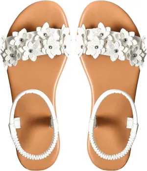 Women's Flat Sandals, Leather Flower Bohemian Sandals
