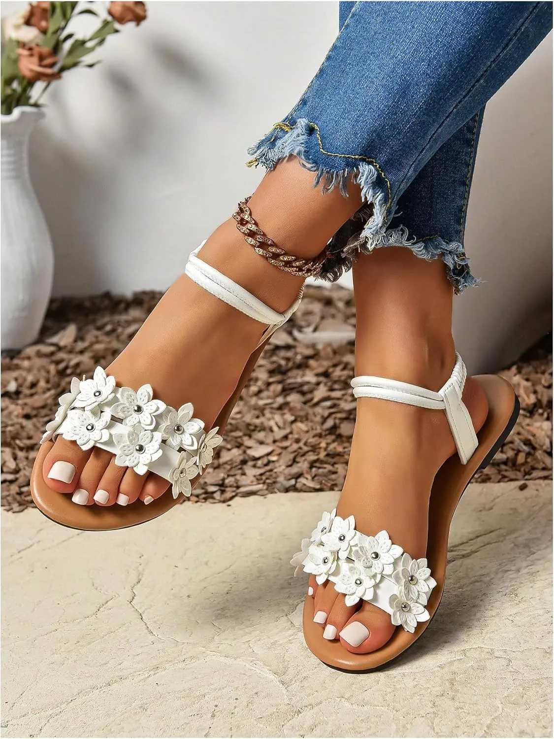 Women's Flat Sandals, Leather Flower Bohemian Sandals