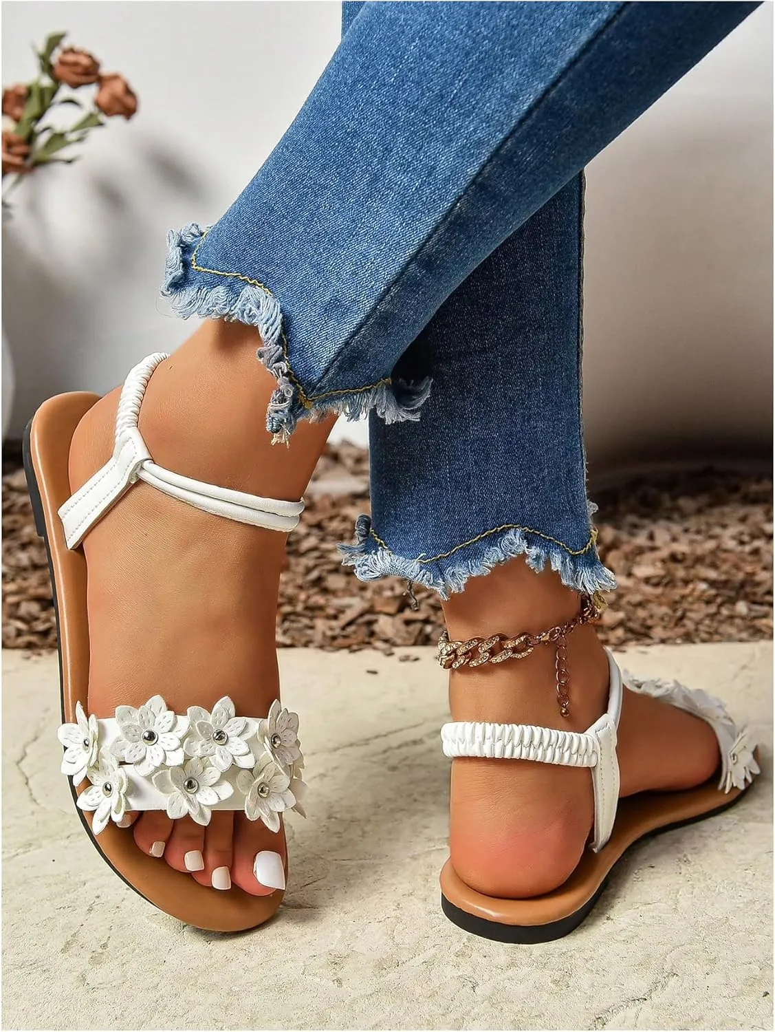 Women's Flat Sandals, Leather Flower Bohemian Sandals