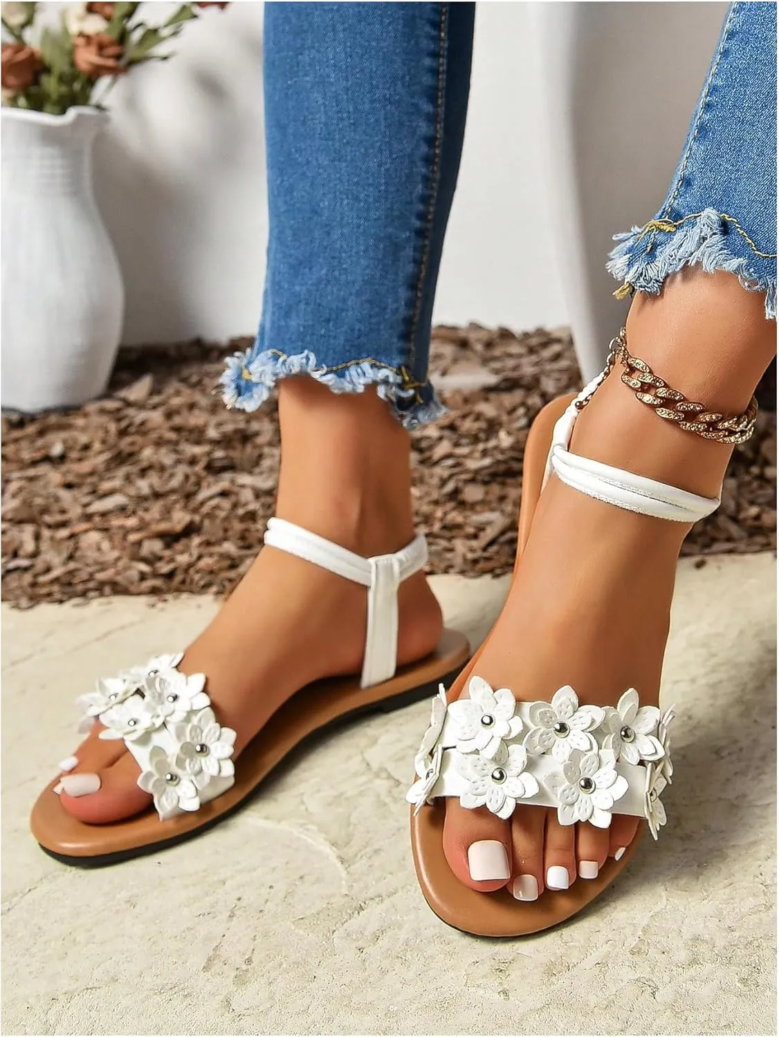 Women's Flat Sandals, Leather Flower Bohemian Sandals