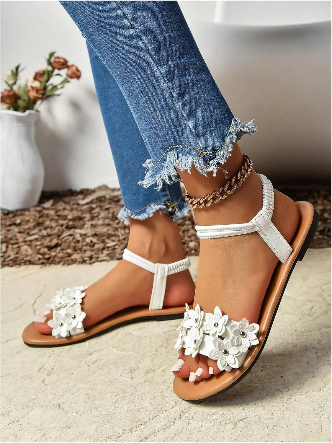 Women's Flat Sandals, Leather Flower Bohemian Sandals