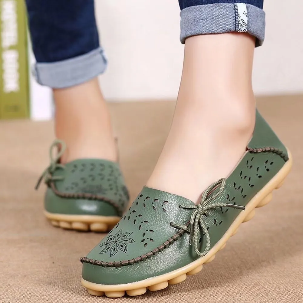 Women's Floral Leather Slip-On Shoes Flat Slipper Walking Loafers
