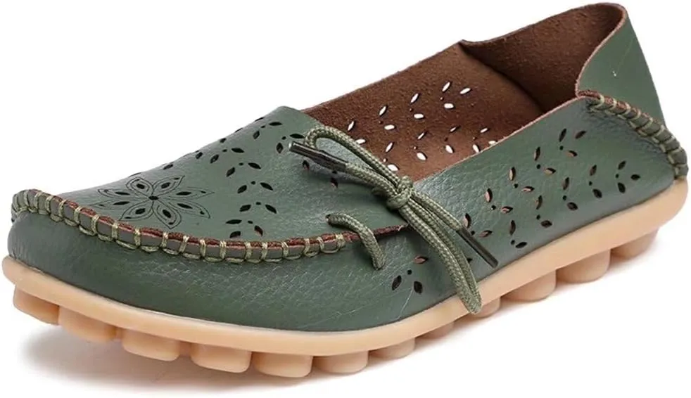 Women's Floral Leather Slip-On Shoes Flat Slipper Walking Loafers