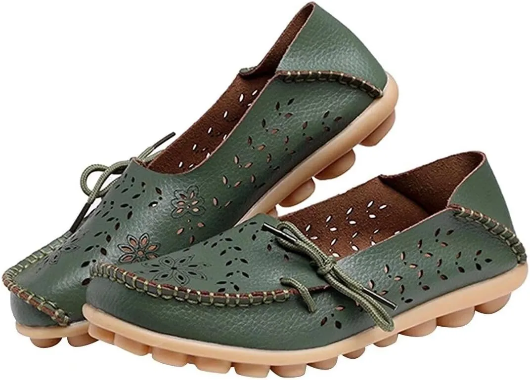 Women's Floral Leather Slip-On Shoes Flat Slipper Walking Loafers
