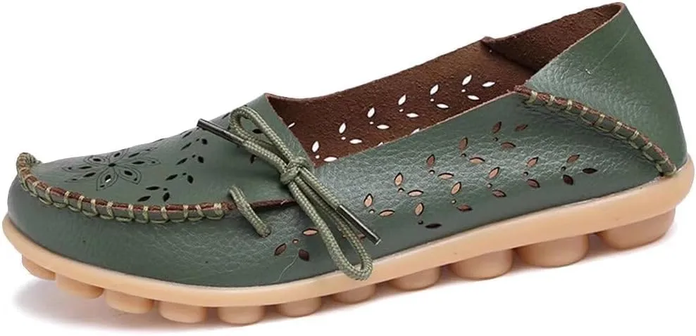 Women's Floral Leather Slip-On Shoes Flat Slipper Walking Loafers