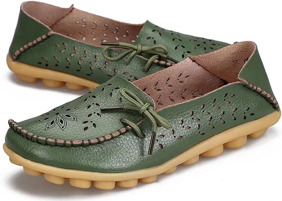 Women's Floral Leather Slip-On Shoes Flat Slipper Walking Loafers