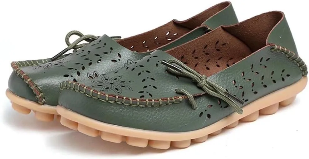 Women's Floral Leather Slip-On Shoes Flat Slipper Walking Loafers
