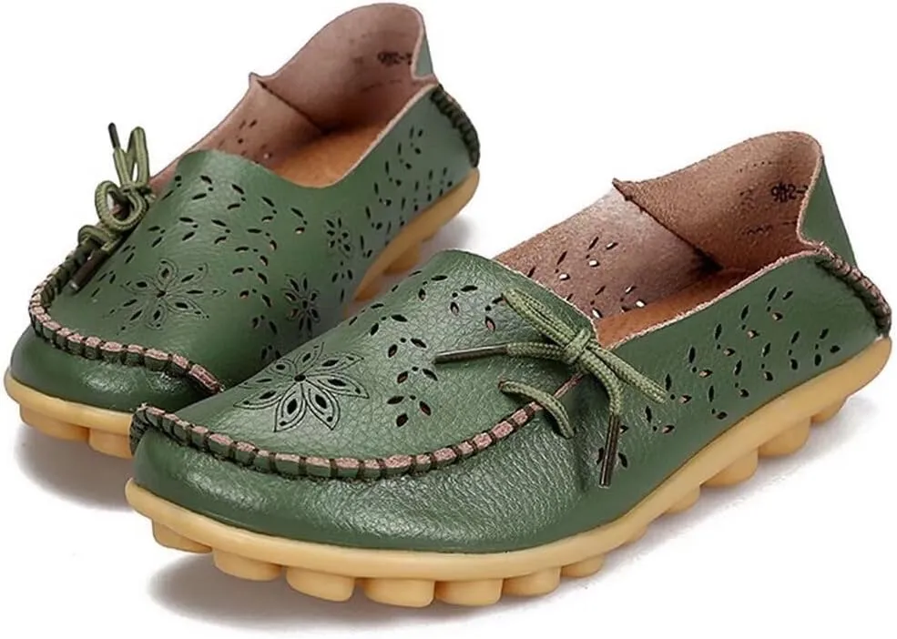 Women's Floral Leather Slip-On Shoes Flat Slipper Walking Loafers