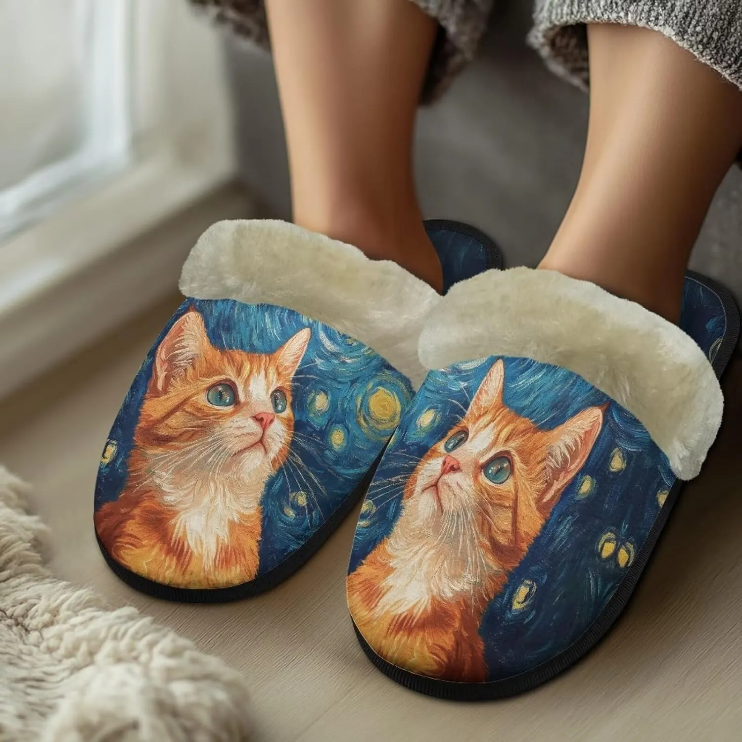 Women's Fluffy Plush Slippers Oil Painting Style House Slippers Winter Warm Fuzzy Shoes Lightweight Soft Cotton Shoes