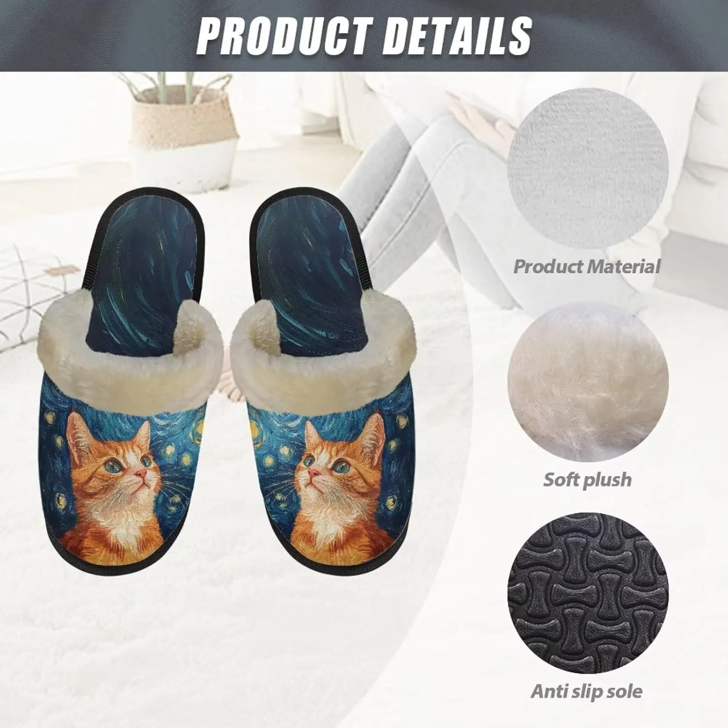 Women's Fluffy Plush Slippers Oil Painting Style House Slippers Winter Warm Fuzzy Shoes Lightweight Soft Cotton Shoes