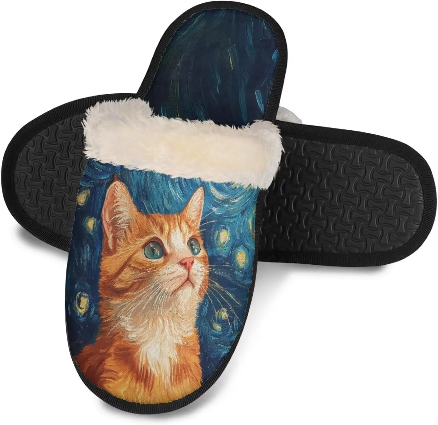 Women's Fluffy Plush Slippers Oil Painting Style House Slippers Winter Warm Fuzzy Shoes Lightweight Soft Cotton Shoes