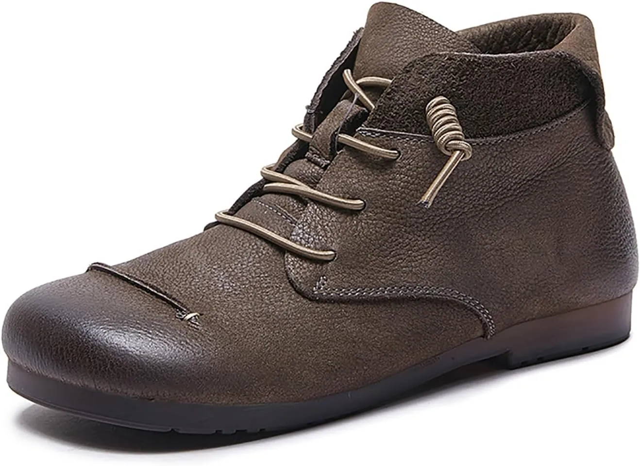 Women's Genuine Leather Flat Ankle Boots Retro Comfortable Round Toe Elastic Lace-up Anti-slip Soft Bottom Low Heel Booties Casual Office Soft Walking Boots