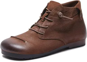 Women's Genuine Leather Flat Ankle Boots Retro Comfortable Round Toe Elastic Lace-up Anti-slip Soft Bottom Low Heel Booties Casual Office Soft Walking Boots