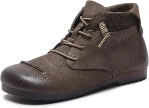 Women's Genuine Leather Flat Ankle Boots Retro Comfortable Round Toe Elastic Lace-up Anti-slip Soft Bottom Low Heel Booties Casual Office Soft Walking Boots