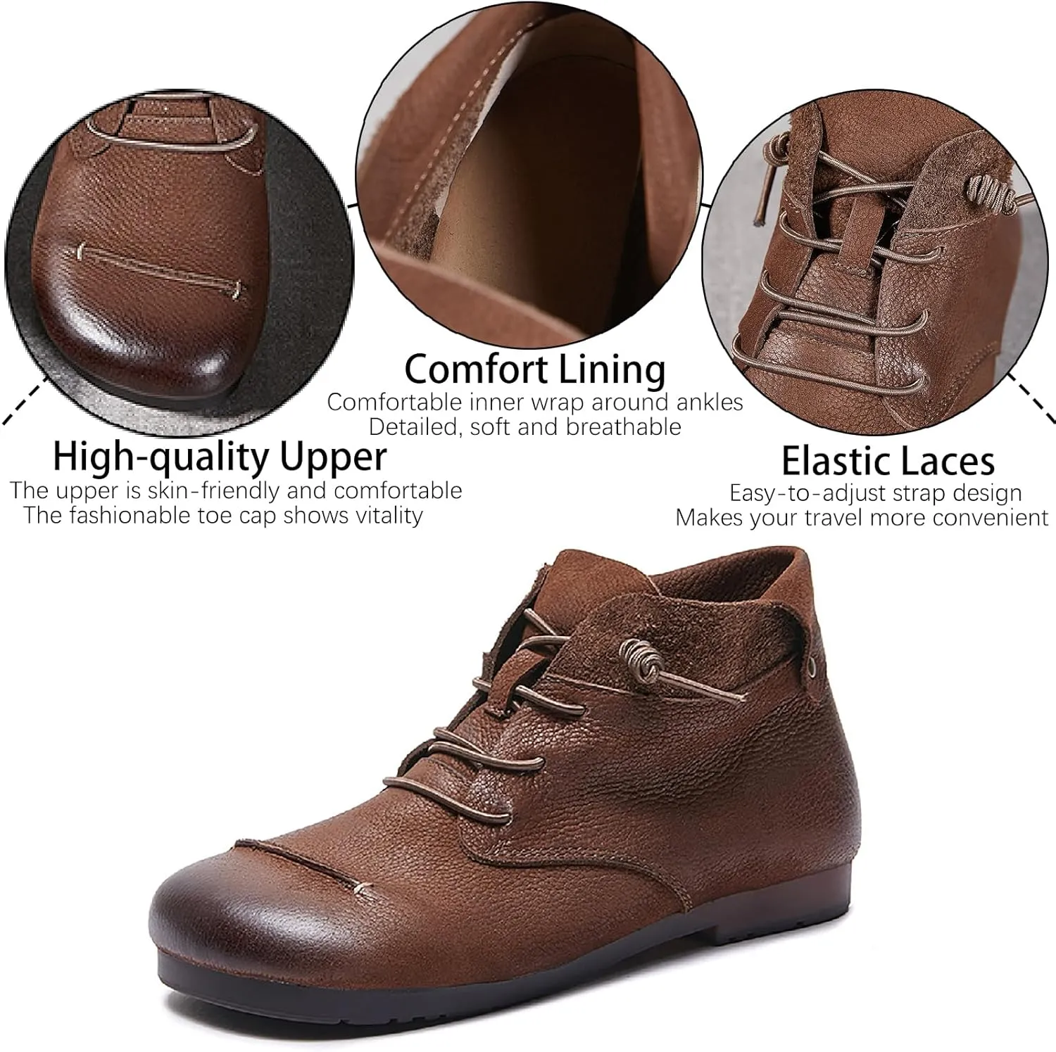 Women's Genuine Leather Flat Ankle Boots Retro Comfortable Round Toe Elastic Lace-up Anti-slip Soft Bottom Low Heel Booties Casual Office Soft Walking Boots