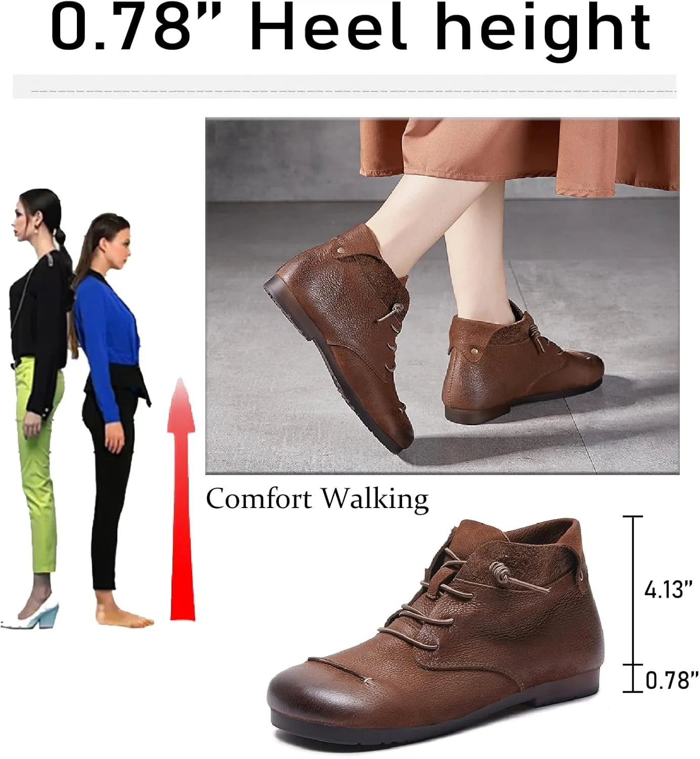 Women's Genuine Leather Flat Ankle Boots Retro Comfortable Round Toe Elastic Lace-up Anti-slip Soft Bottom Low Heel Booties Casual Office Soft Walking Boots