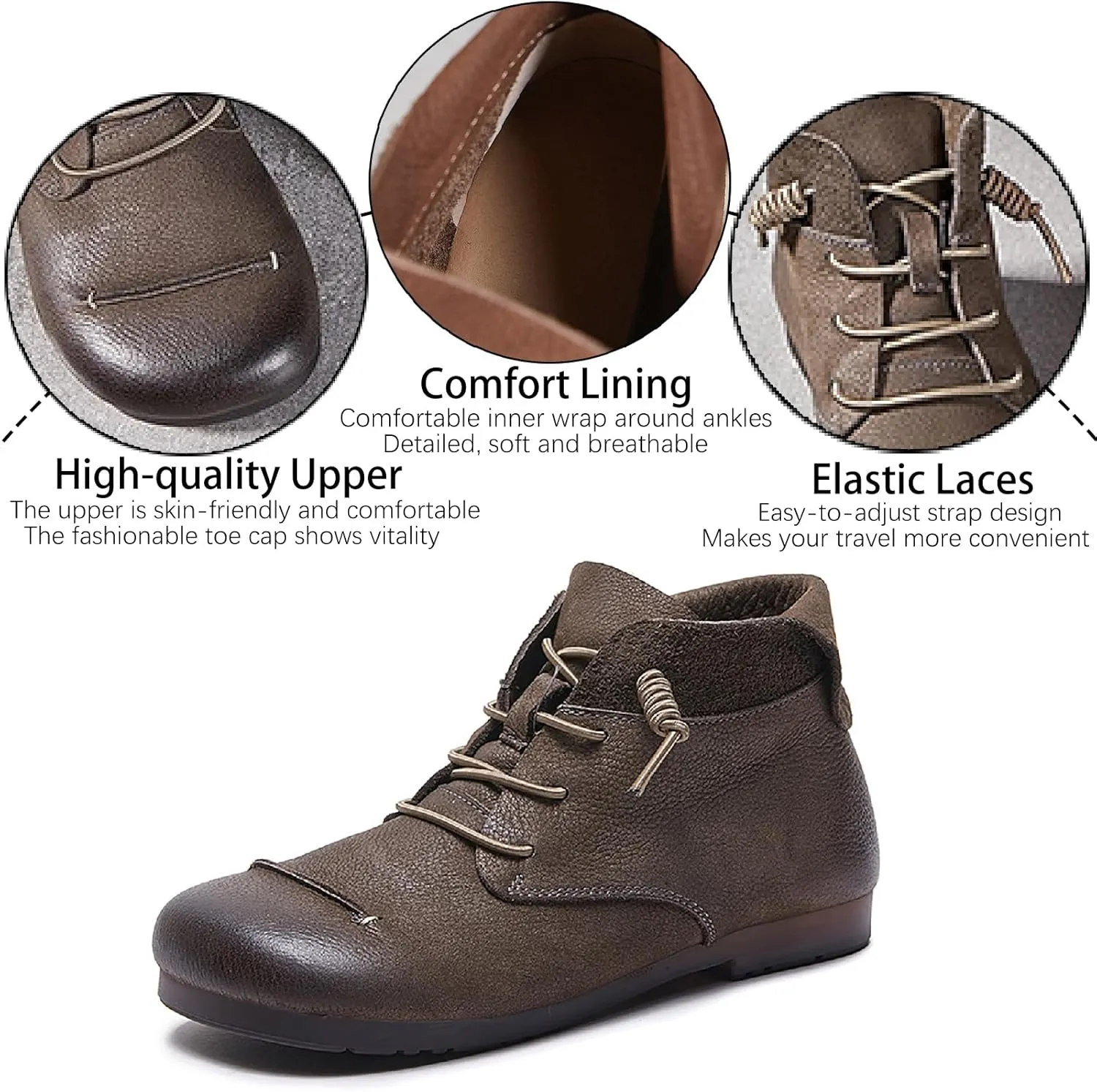 Women's Genuine Leather Flat Ankle Boots Retro Comfortable Round Toe Elastic Lace-up Anti-slip Soft Bottom Low Heel Booties Casual Office Soft Walking Boots