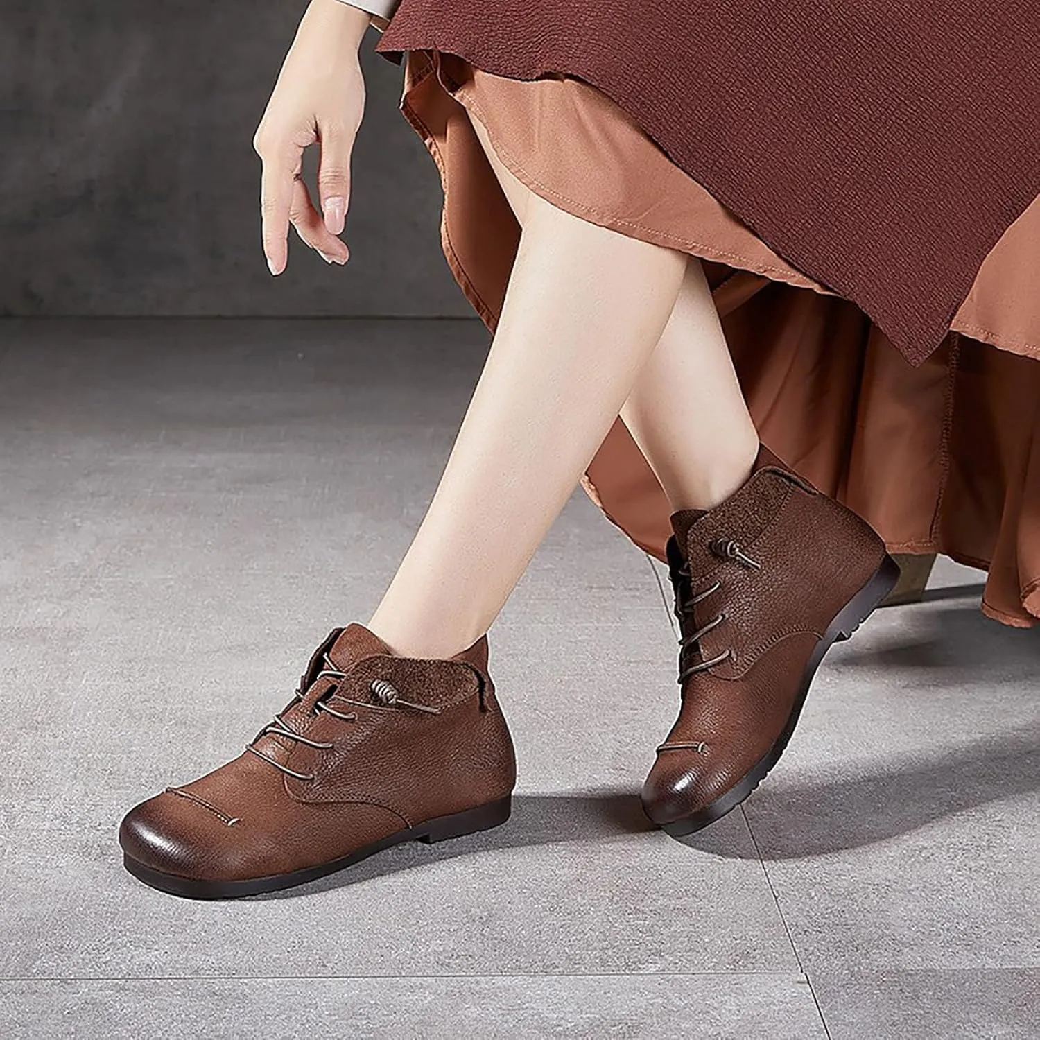 Women's Genuine Leather Flat Ankle Boots Retro Comfortable Round Toe Elastic Lace-up Anti-slip Soft Bottom Low Heel Booties Casual Office Soft Walking Boots