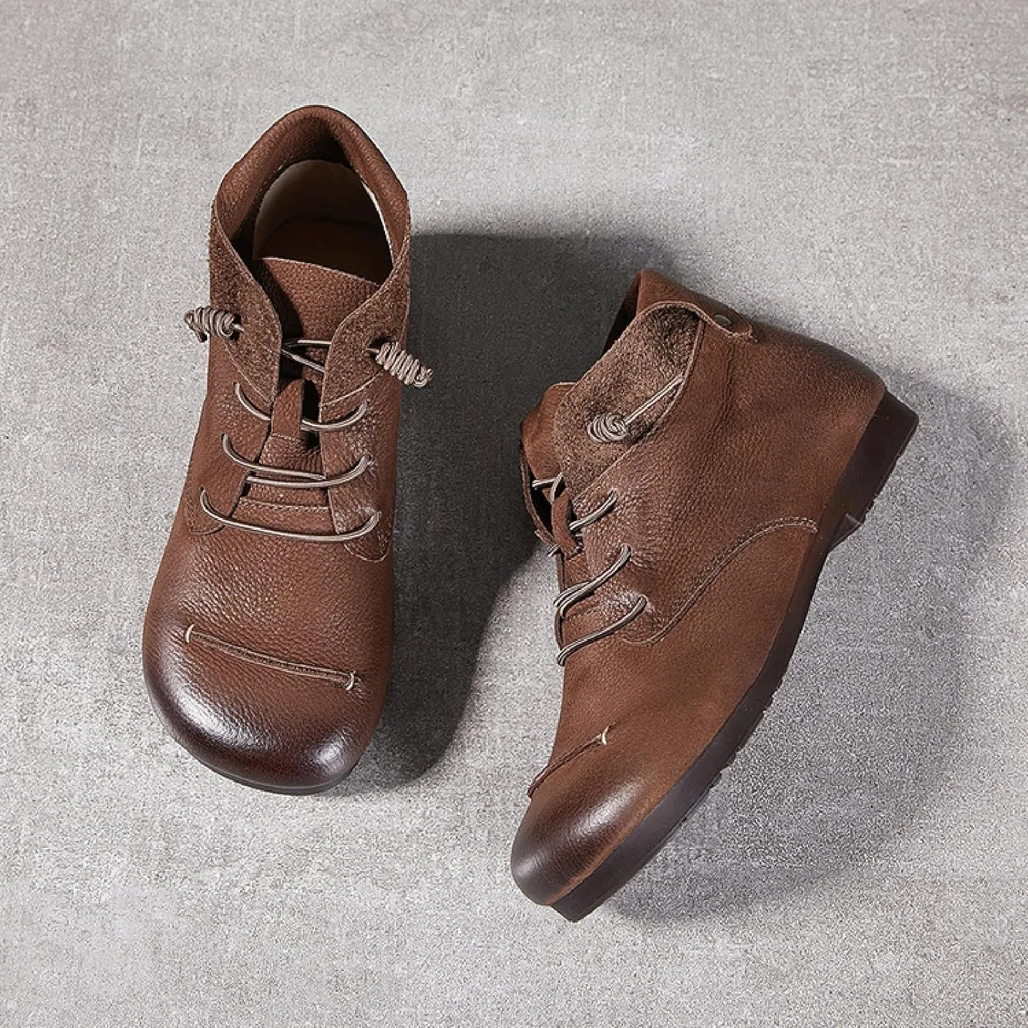 Women's Genuine Leather Flat Ankle Boots Retro Comfortable Round Toe Elastic Lace-up Anti-slip Soft Bottom Low Heel Booties Casual Office Soft Walking Boots