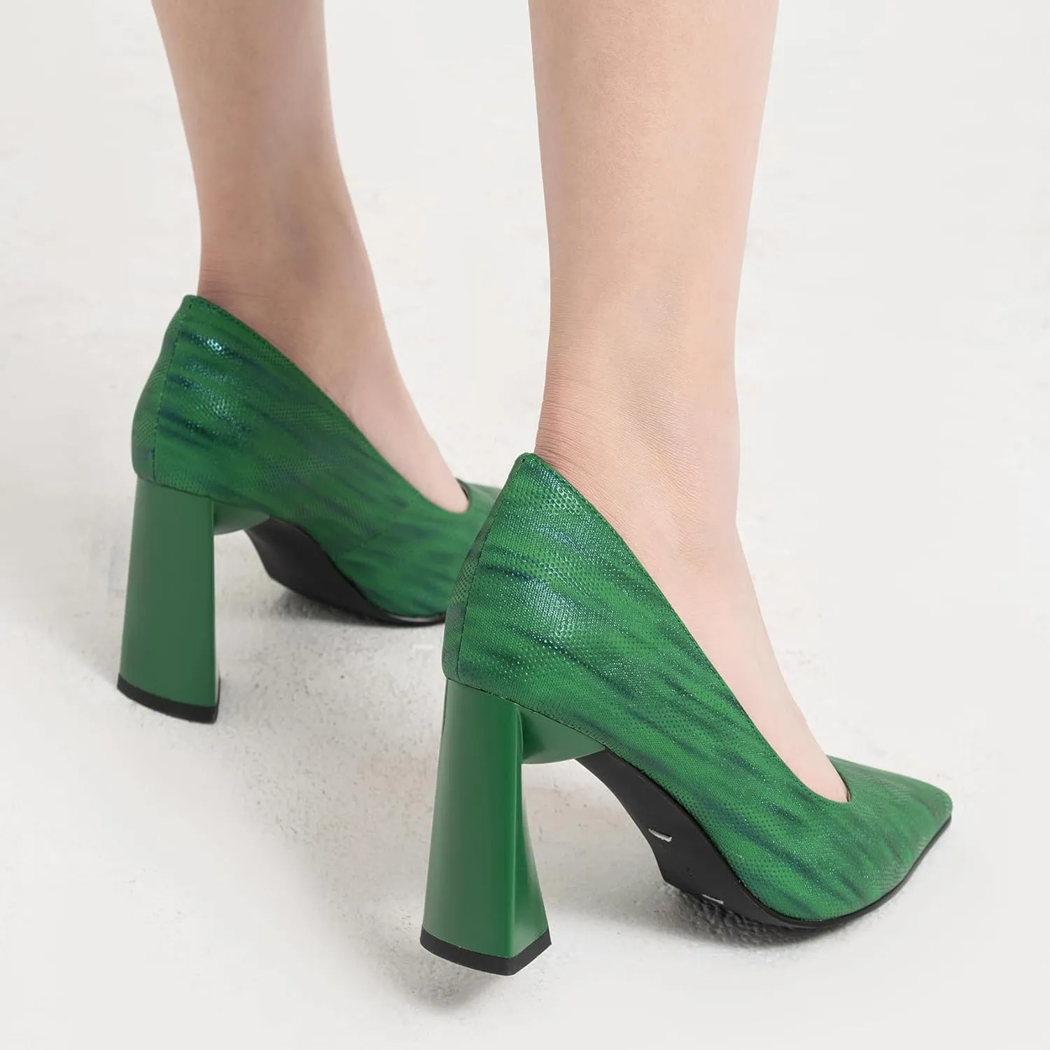 Women's Kitten Chunky Medium Heel Slip-On Pointed Toe Pumps Shoes Party Wedding Office Green