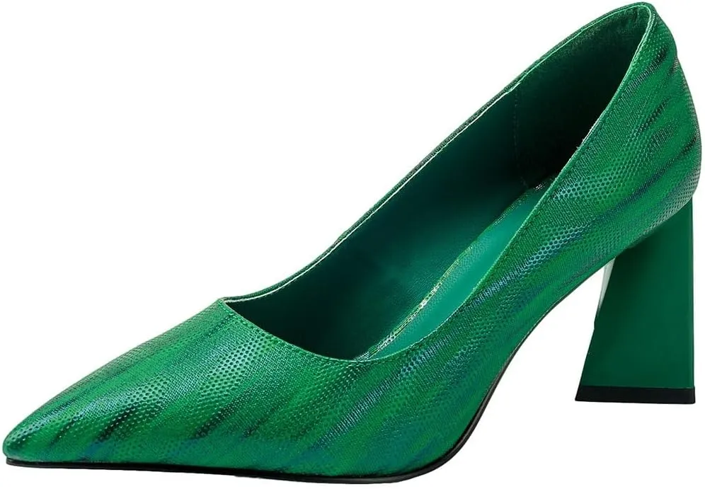 Women's Kitten Chunky Medium Heel Slip-On Pointed Toe Pumps Shoes Party Wedding Office Green