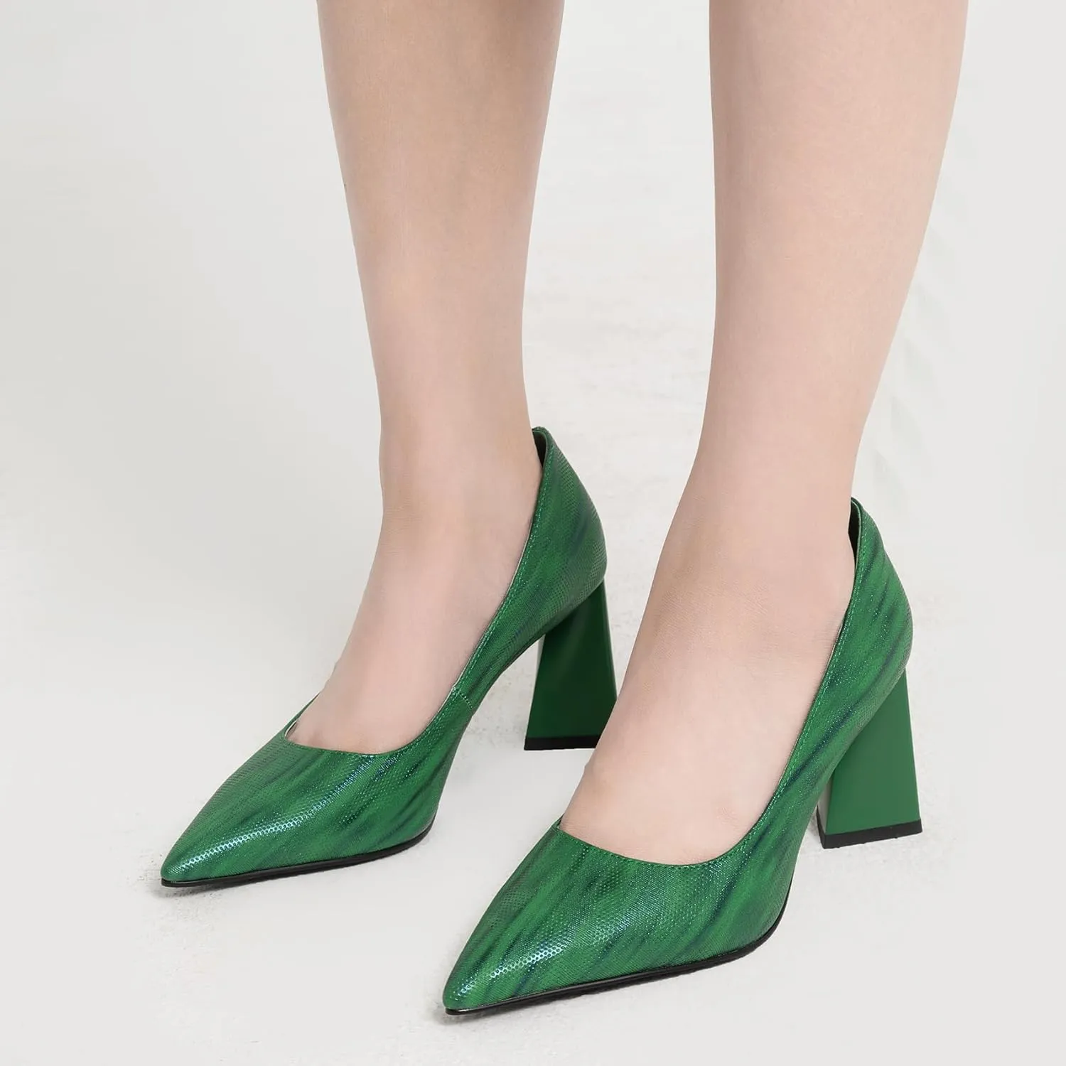 Women's Kitten Chunky Medium Heel Slip-On Pointed Toe Pumps Shoes Party Wedding Office Green