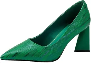 Women's Kitten Chunky Medium Heel Slip-On Pointed Toe Pumps Shoes Party Wedding Office Green