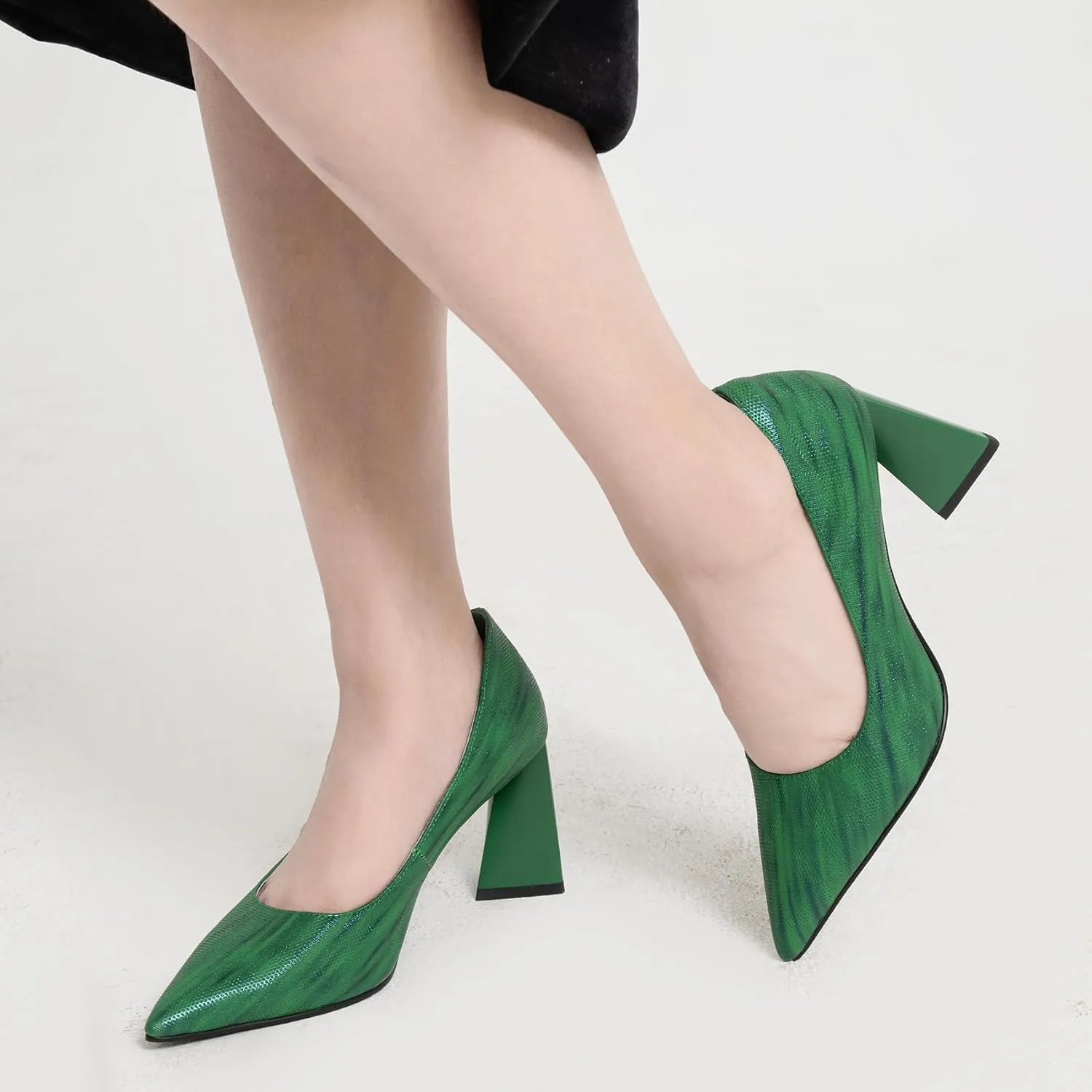Women's Kitten Chunky Medium Heel Slip-On Pointed Toe Pumps Shoes Party Wedding Office Green