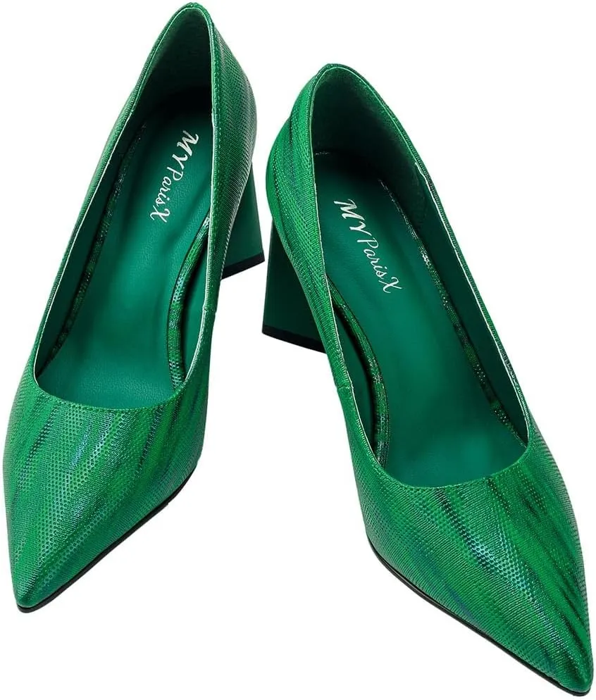 Women's Kitten Chunky Medium Heel Slip-On Pointed Toe Pumps Shoes Party Wedding Office Green