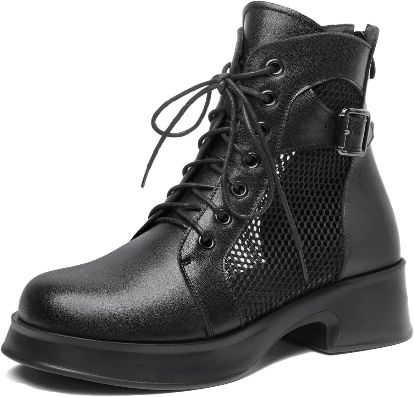 Women's Lace up Hollow Mesh Platform Ankle Boots With Buckle Fashion Round Toe Chunky Heel Soft Casual Summer Boots Wear-resistant Non-Slip Punk Short Booties