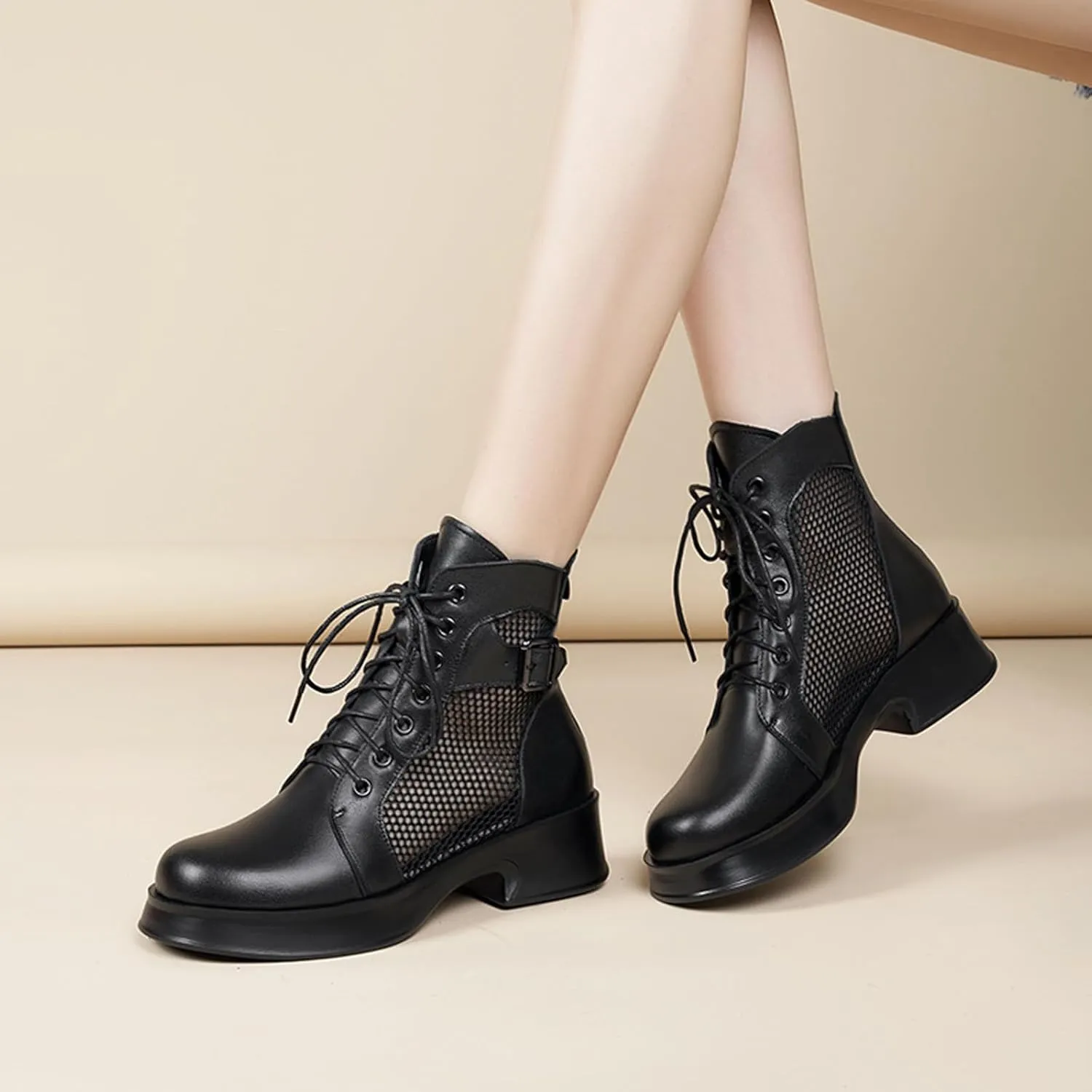 Women's Lace up Hollow Mesh Platform Ankle Boots With Buckle Fashion Round Toe Chunky Heel Soft Casual Summer Boots Wear-resistant Non-Slip Punk Short Booties