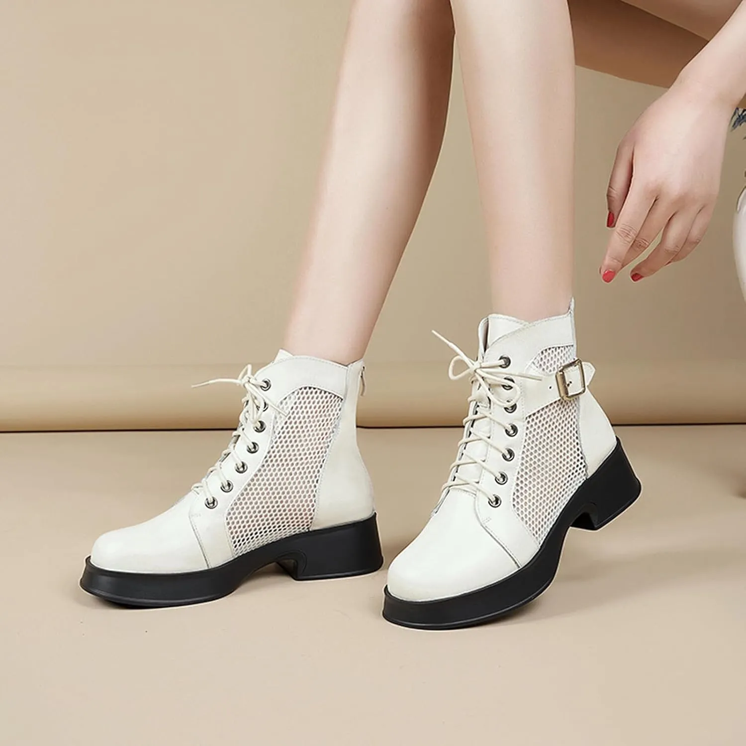 Women's Lace up Hollow Mesh Platform Ankle Boots With Buckle Fashion Round Toe Chunky Heel Soft Casual Summer Boots Wear-resistant Non-Slip Punk Short Booties