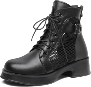 Women's Lace up Hollow Mesh Platform Ankle Boots With Buckle Fashion Round Toe Chunky Heel Soft Casual Summer Boots Wear-resistant Non-Slip Punk Short Booties