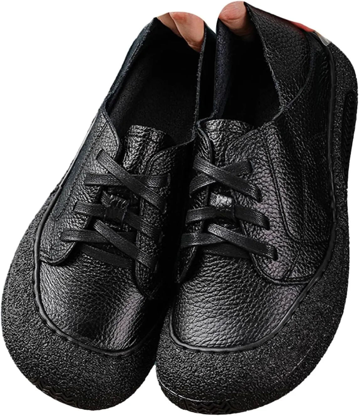 Women's Leather Arch Support Dress Sneakers,Vintage Comfort Round Toe Lace-up Non-Slip Soft Sole Flat Casual Shoes