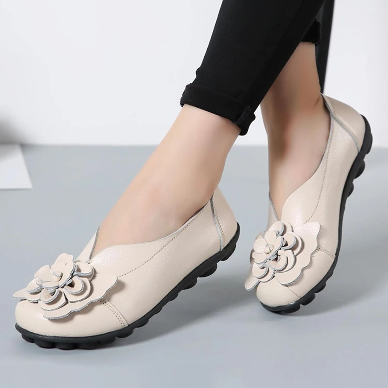 Women's Leather Slip On Loafers,Vintage Handmade Cute Bow Flower Comfy Non-Slip Softsole Walking Casual Dress Pumps