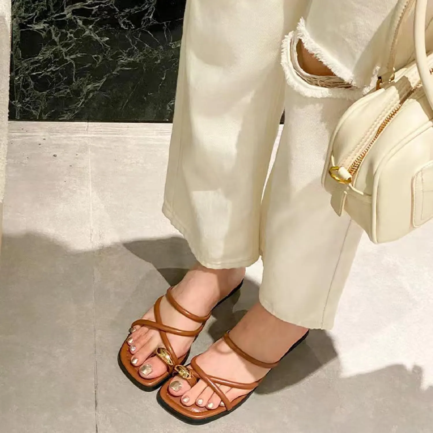 Women's Leather Strappy Metal Button Toe Ring Slides Sandals Dressy Square Open Toe Summer Low Block Heel Slippers for Party Beach Walking Slip on Slippers