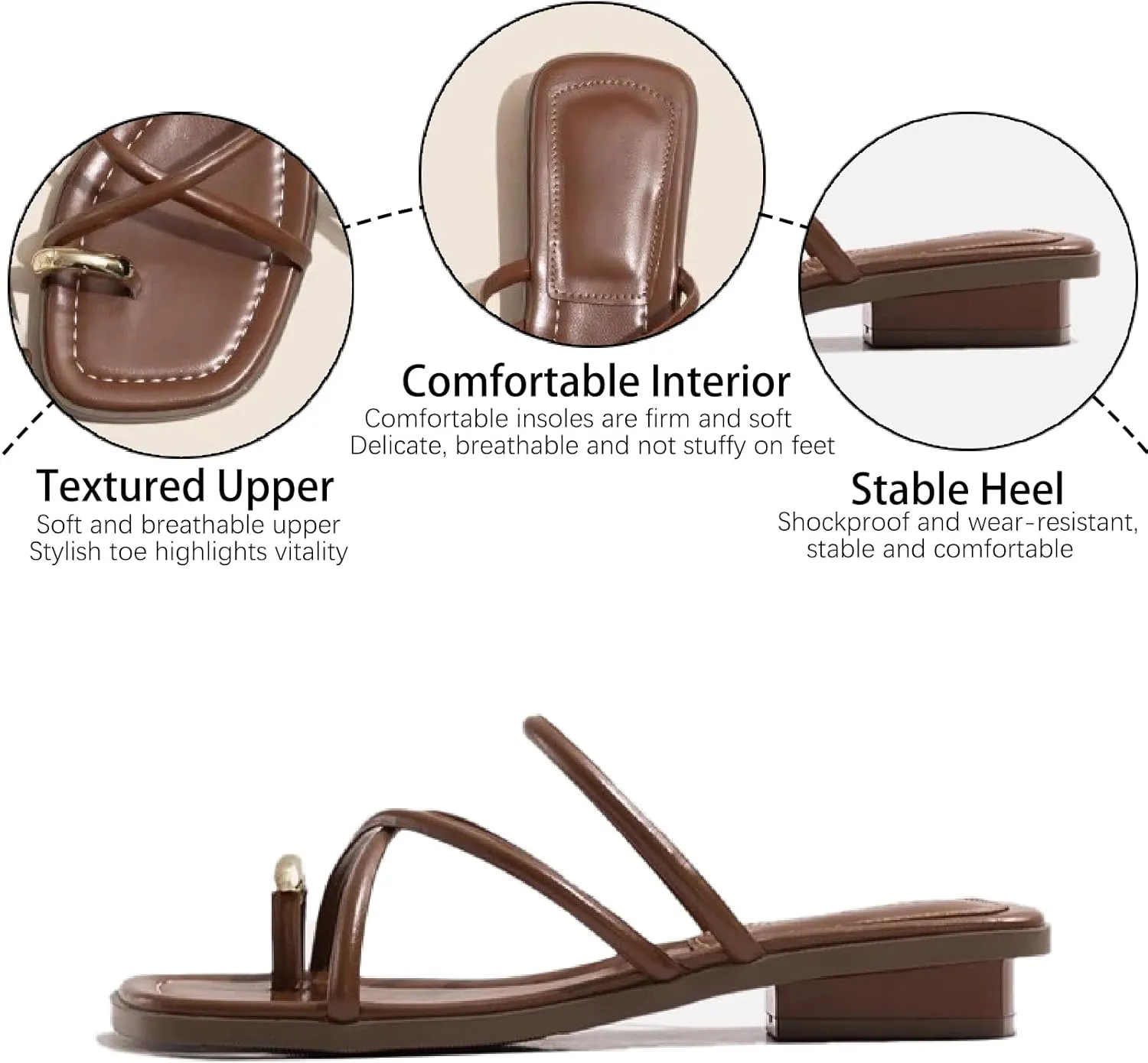 Women's Leather Strappy Metal Button Toe Ring Slides Sandals Dressy Square Open Toe Summer Low Block Heel Slippers for Party Beach Walking Slip on Slippers