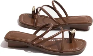 Women's Leather Strappy Metal Button Toe Ring Slides Sandals Dressy Square Open Toe Summer Low Block Heel Slippers for Party Beach Walking Slip on Slippers