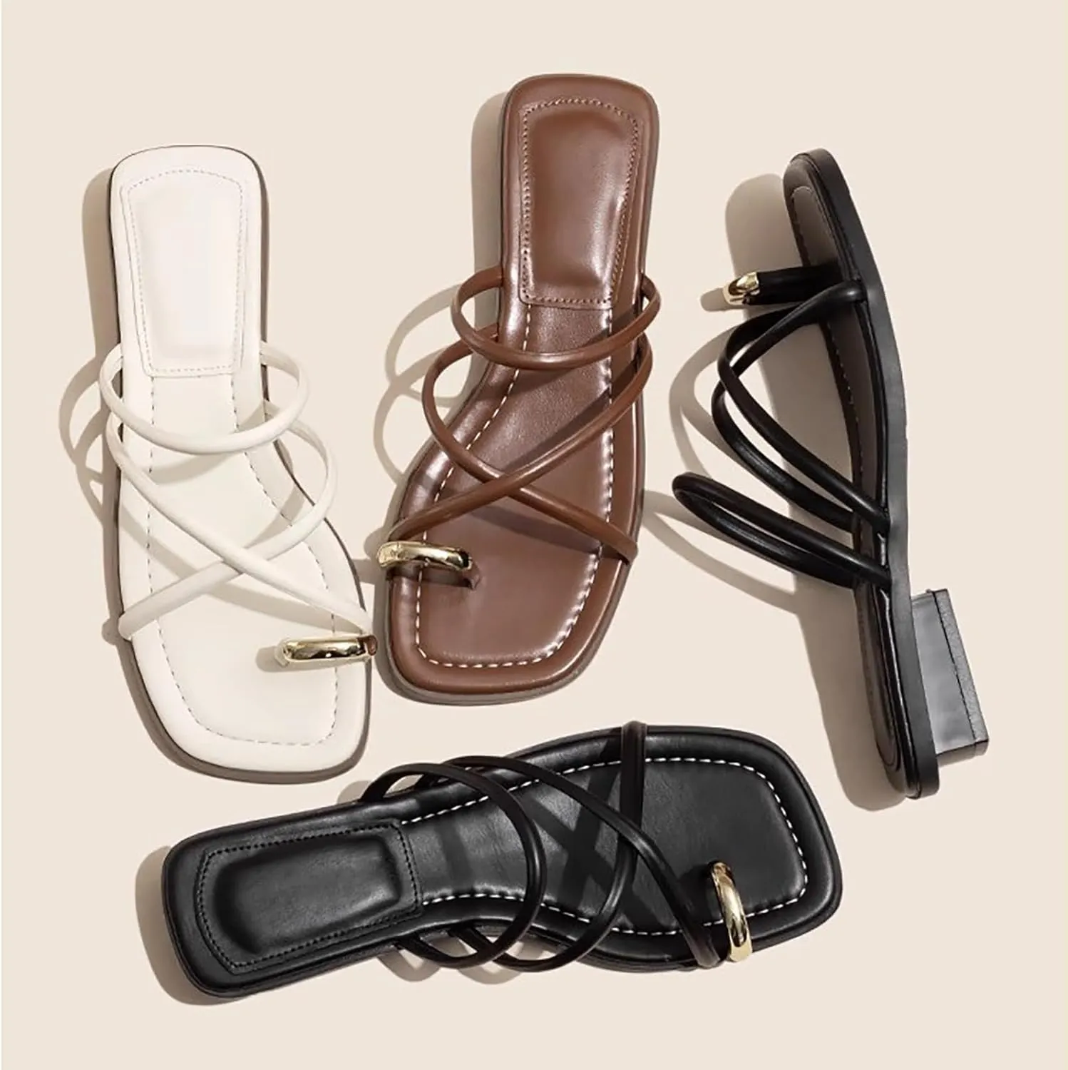 Women's Leather Strappy Metal Button Toe Ring Slides Sandals Dressy Square Open Toe Summer Low Block Heel Slippers for Party Beach Walking Slip on Slippers