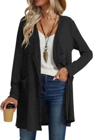 Womens Long Cardigans with Pockets Lightweight Soft Comfy Ribbed Knit Duster Cardigans Cover Ups Trendy