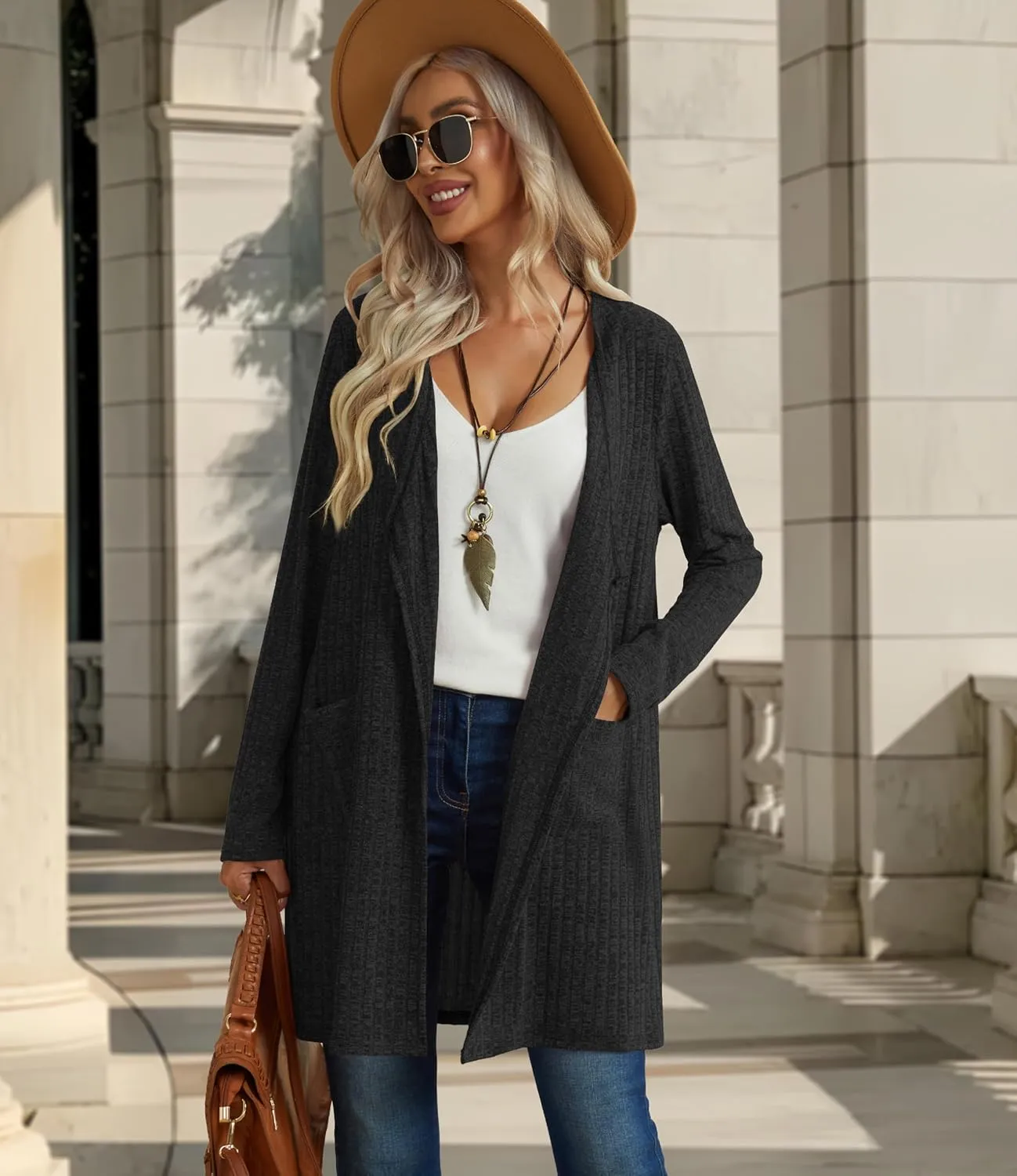Womens Long Cardigans with Pockets Lightweight Soft Comfy Ribbed Knit Duster Cardigans Cover Ups Trendy
