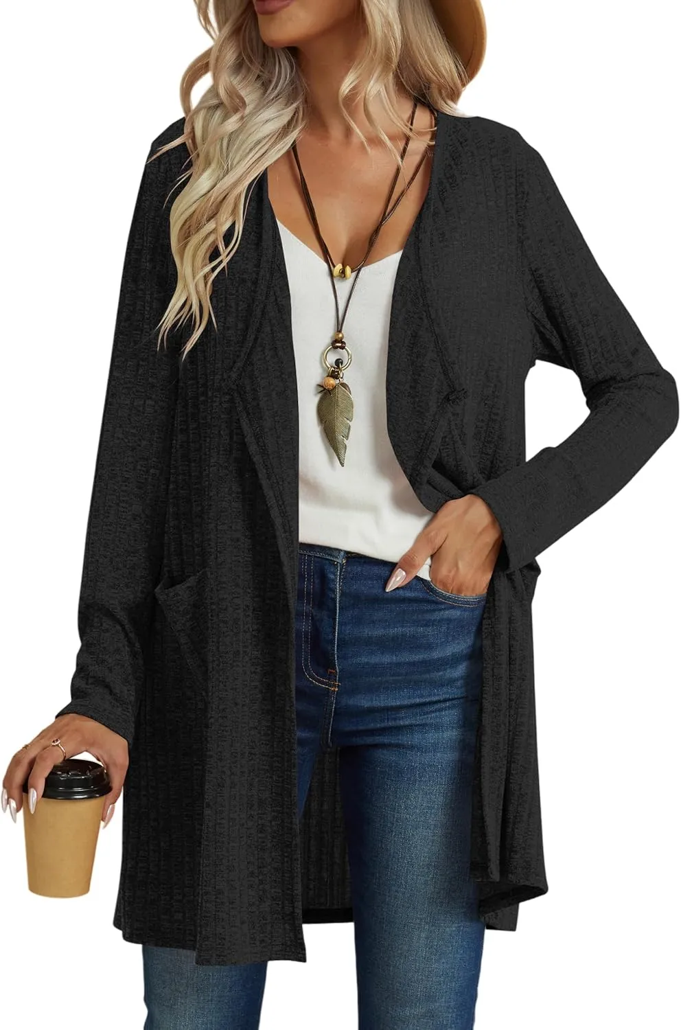 Womens Long Cardigans with Pockets Lightweight Soft Comfy Ribbed Knit Duster Cardigans Cover Ups Trendy
