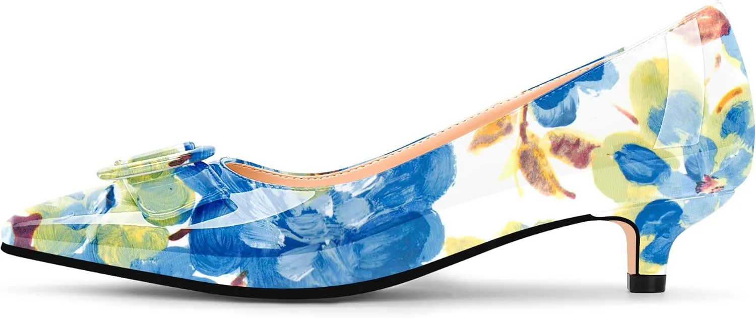 Women's Low Kitten Heel Pumps Pointed Closed Toe Buckle Slip On Office Comfort Shoes